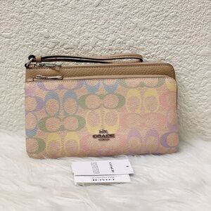 NWT Coach Double Zip Wallet Rainbow Signature Canvas CDN23